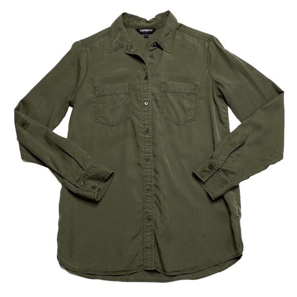 Express Lyocell Convertible Roll-Tab Sleeve Button Down Blouse Green Sz S - Picture 1 of 10